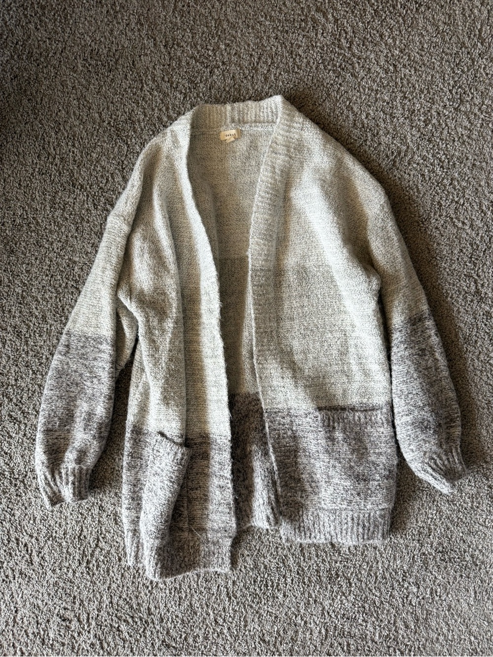 Three-Tone Open Knit Cardigan in Cream, Light Gray, and Heather Gray